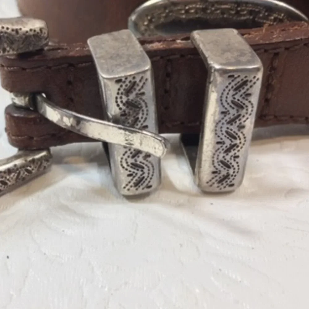 Langu Leather Brown Belt Silver Toned Engraved Ornaments